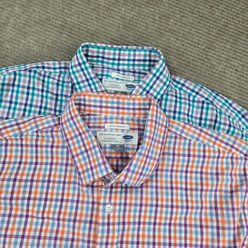 Old Navy Mens XL Plaid Slim Fit Stretch Signature Button Down Shirt 2pk Bundle